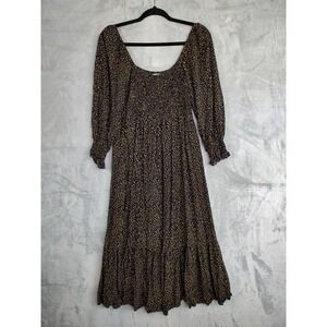 elloh Smocked Bodice Midi Dress Navy Blue Mustard Floral Print Long Sleeve M